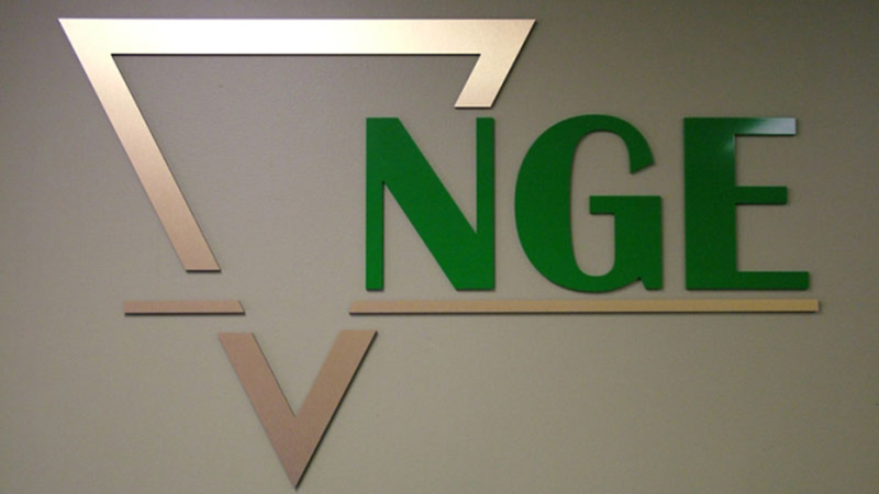 NGE lobby sign, lobby, business sign, plastic and metal letters, custom sign, welcome sign, interior sign